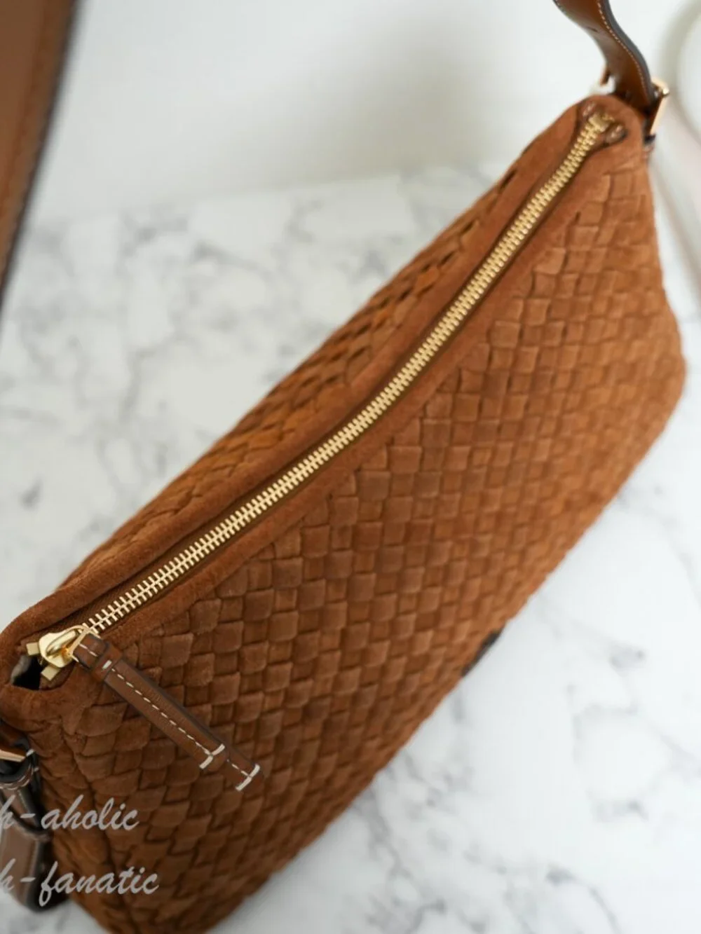 Tory Burch Thea Woven Suede Zip Top Shoulder Bag in Chicory Brown NWT